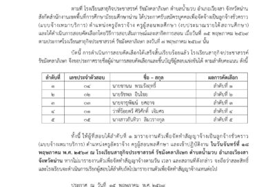 ประกาศผลการสอบคัดเลือกบุคคลเพื่อจัดจ้างเป็นลูกจ้างชั่วคราว ตำแหน่งครูอัตราจ้าง ครูผู้สอนพละศึกษา
